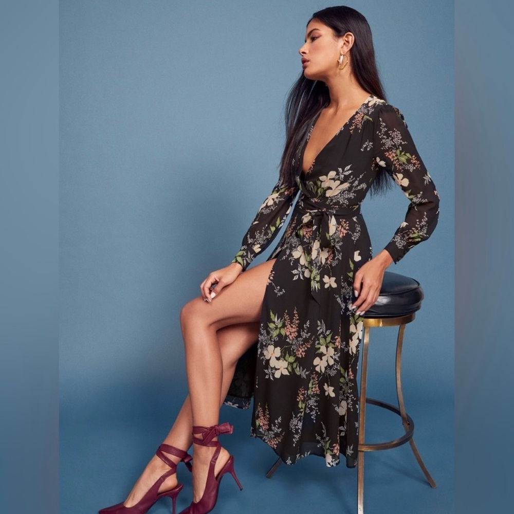 Reformation Floral Long Sleeve Dress - Black and Green